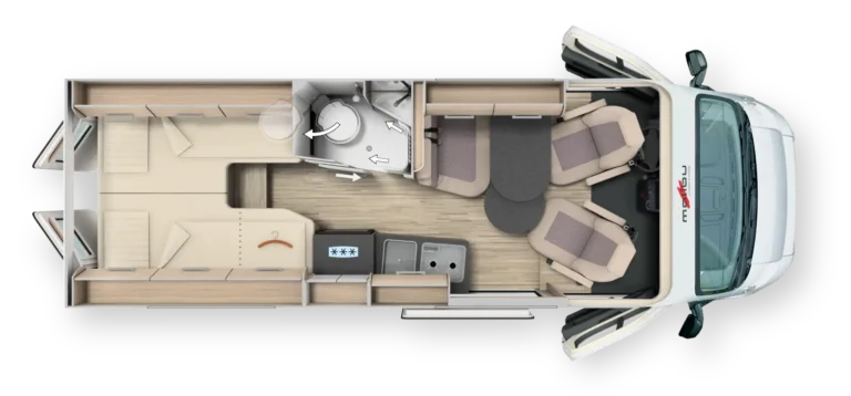 Malibu Van diversity 640 LE K Grundriss mit Längsbett, drehbarem Bad, Küche und Sitzgruppe vorn.