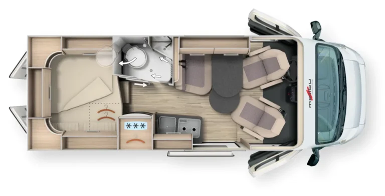 Grundriss des Malibu Van 600 DB mit Querbett, drehbaren Sitzen, Küche und Kompaktbad.