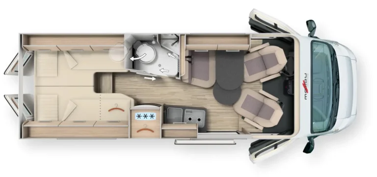 Innenlayout des Malibu Van 640 LE mit Längsbetten, flexibler Nasszelle und drehbaren Fahrerhaussitzen.
