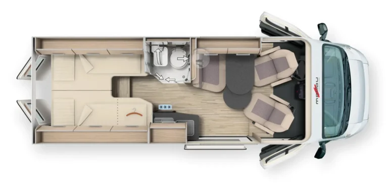 Grundriss des Malibu Van compact 600 LE mit Längsbetten, Bad und Sitzgruppe vorne