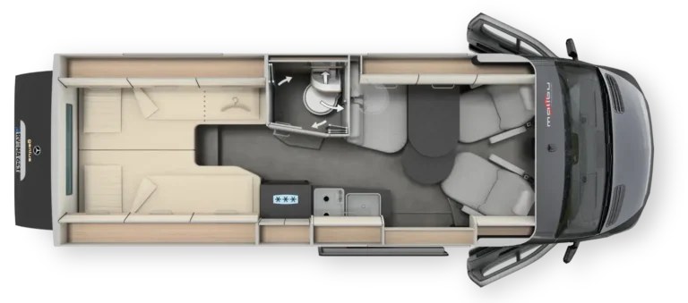 Grundriss des Malibu GENIUS 641 LE Modell 2025 – durchdachtes Raumkonzept im Camper Van