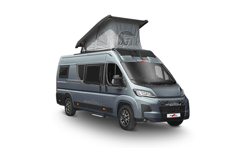 Freigestellter Malibu Relax Camper Van mit geöffnetem Hubdach und Regenrinne in Seitenansicht
