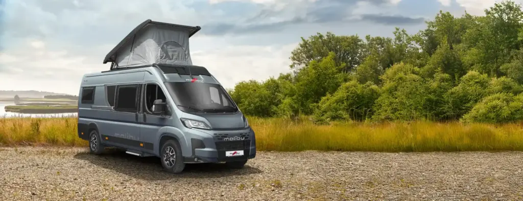 Relax Camper Van mit Aufstelldach auf freier Wiese vor bewaldeter Naturkulisse