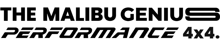 Das Bild zeigt den stilisierten Text PERFORMANCE 4x4. PERFORMANCE ist in fetten, kursiven, futuristischen weißen Buchstaben dargestellt, und 4x4 ist in schwarzer, normaler Schrift am Ende positioniert.