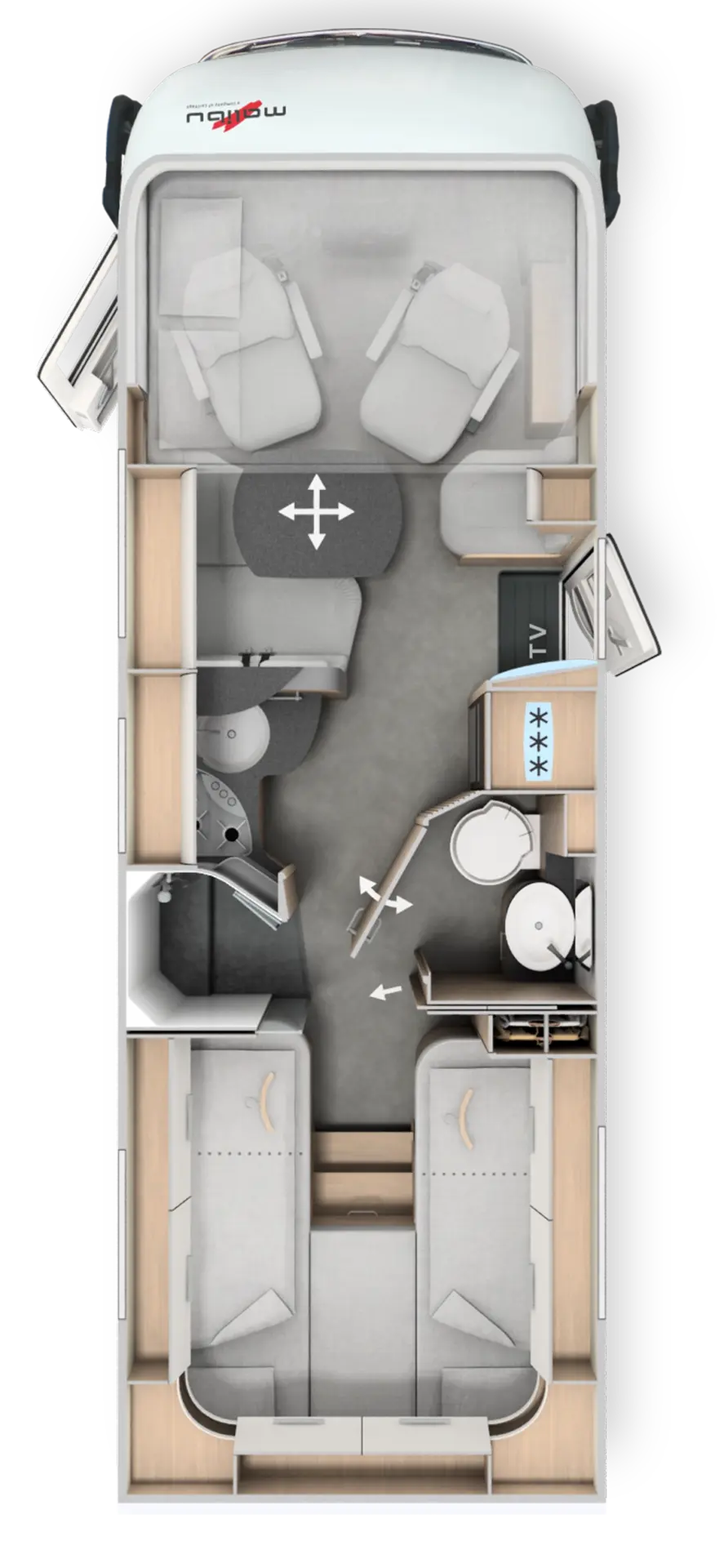 Draufsicht auf den Innenraum eines Wohnmobils mit zwei Betten, einem Badezimmer, einer kleinen Küche, einem Ess-/Loungebereich mit zwei Drehstühlen und einem Tisch sowie der Fahrerkabine im vorderen Bereich.