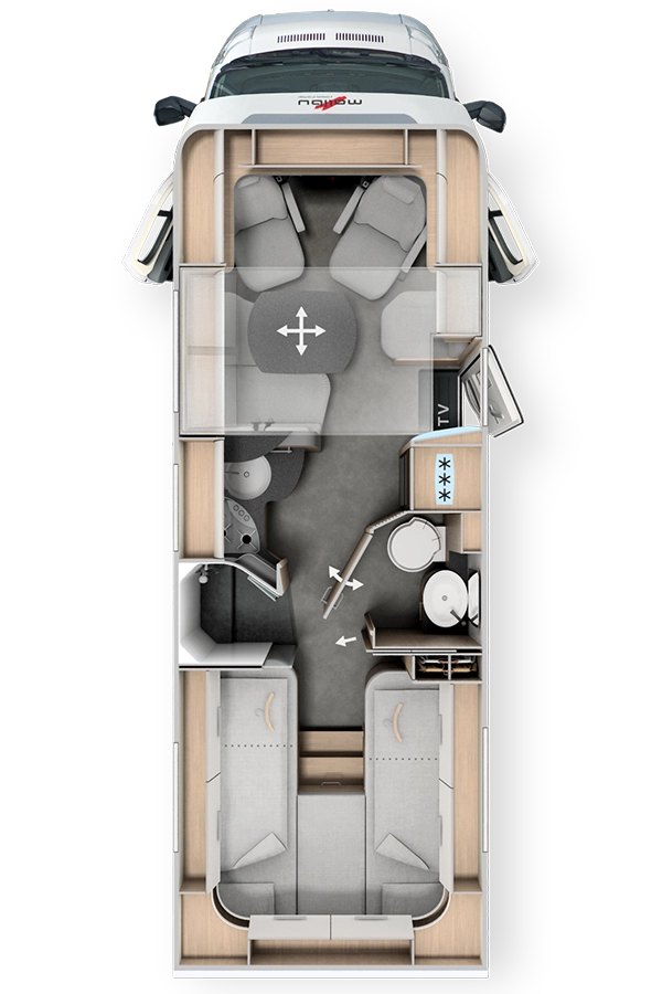 Malibu T 470 RB LE K MJ2026 Draufsicht auf den Innenraum eines Wohnmobils mit Fahrerkabine, zwei Einzelbetten, Küche, Bad, Essbereich mit Tisch und vier Sitzplätzen, Staufächern und einem Fernseher.