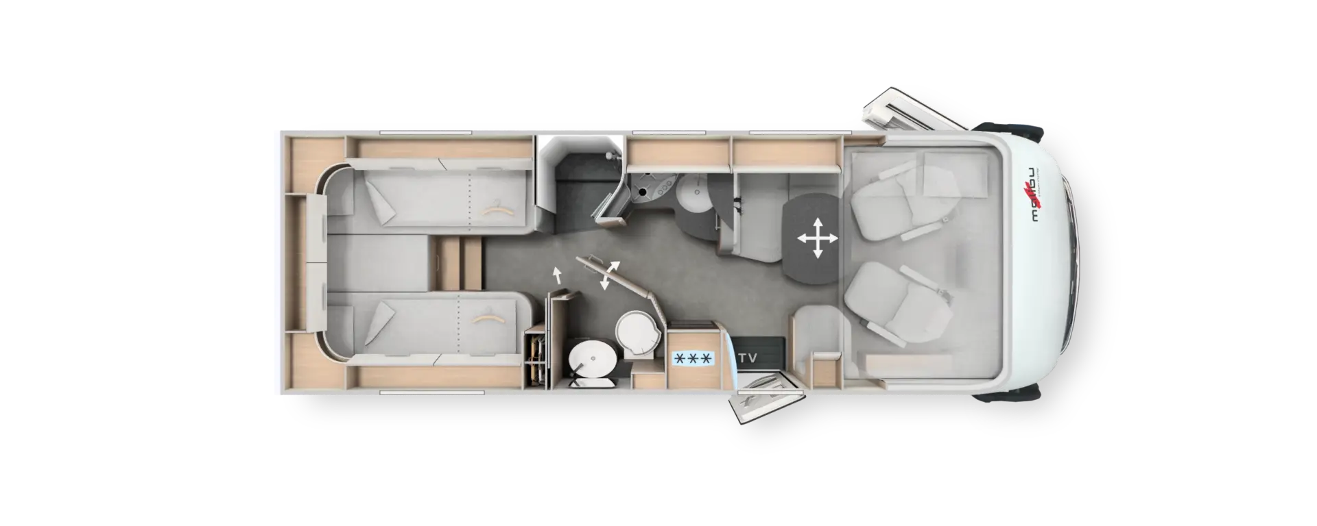 Malibu I 470 RB LE K MJ2026 Draufsicht auf den Innenraum eines Wohnmobils mit zwei Betten, einem Badezimmer, einer kleinen Küche, einem Ess-/Loungebereich mit zwei Drehstühlen und einem Tisch sowie der Fahrerkabine im vorderen Bereich.