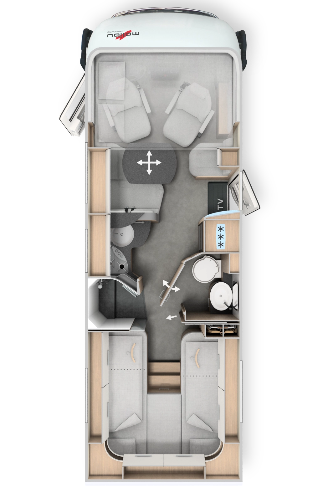 Malibu I 470 RB LE K MJ2026 Draufsicht auf den Innenraum eines Wohnmobils mit zwei Betten, einem Badezimmer, einer kleinen Küche, einem Ess-/Loungebereich mit zwei Drehstühlen und einem Tisch sowie der Fahrerkabine im vorderen Bereich.