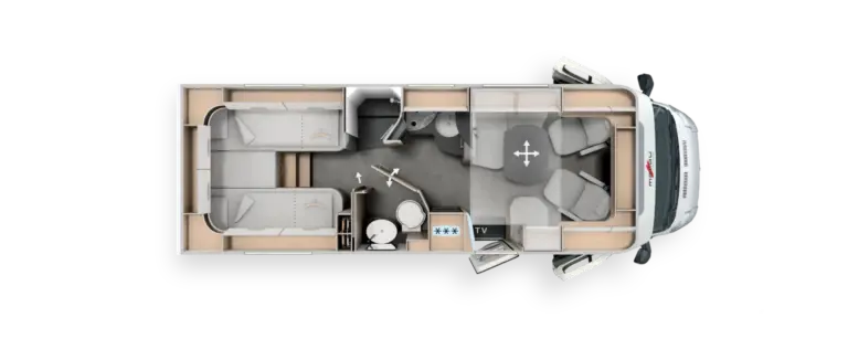 Draufsicht auf den Innenraum eines Wohnmobils mit Fahrerkabine, zwei Einzelbetten, Küche, Bad, Essbereich mit Tisch und vier Sitzplätzen, Staufächern und einem Fernseher.