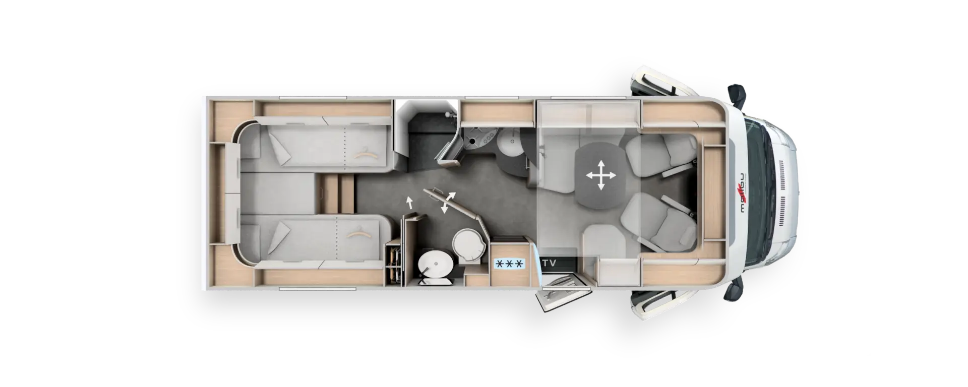 Malibu T 470 RB LE K MJ2026 Draufsicht auf den Innenraum eines Wohnmobils mit Fahrerkabine, zwei Einzelbetten, Küche, Bad, Essbereich mit Tisch und vier Sitzplätzen, Staufächern und einem Fernseher.