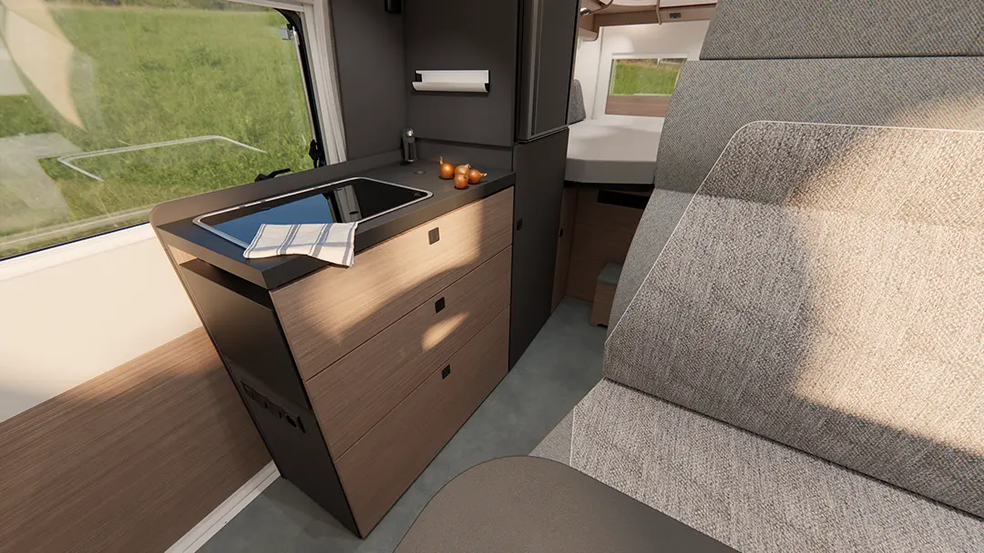 Ansicht des Kühlschrankes eines Malibu Campervans, welcher sich beidseitig öffnen lässt.