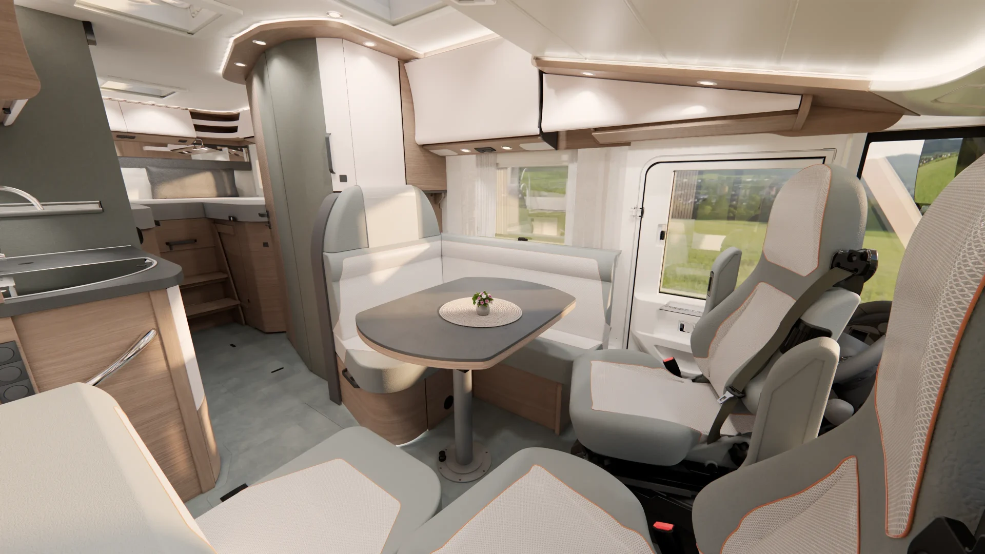 Modernes Wohnmobil-Interieur mit bequemen Sitzgelegenheiten, Esstisch mit Speisen, Deckenbeleuchtung, großen Fenstern und einer kompakten Küche im Hintergrund. Die Atmosphäre ist gemütlich und einladend.